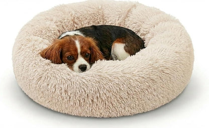 Premium Small Donut Dog Bed, Fits up to 45 Lbs, Removable Cover & Washable Cushion, Plush Long Pile Faux Fur Fabric, Portable Beige Pet Bed Furniture for Puppies Adult Canines & Cats