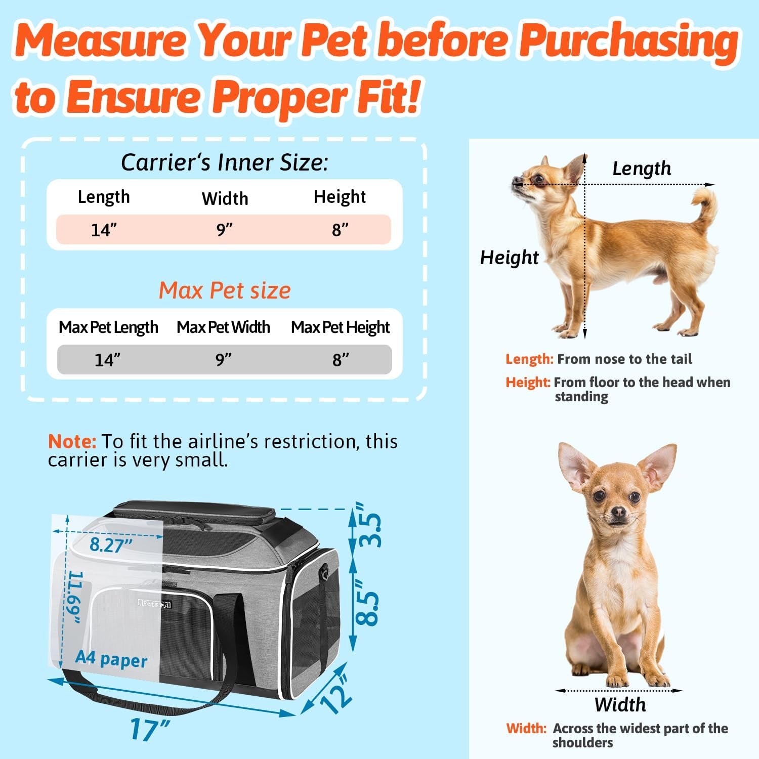 Top-Expandable Pet Carrier 17 X 12 X 8.5 Inch Jetblue Frontier Spirit Airline Approved, Soft Silk Carrier for Small Cats and Dogs with Locking Safety Zippers and Anti-Scratch