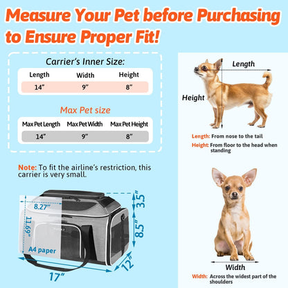 Top-Expandable Pet Carrier 17 X 12 X 8.5 Inch Jetblue Frontier Spirit Airline Approved, Soft Silk Carrier for Small Cats and Dogs with Locking Safety Zippers and Anti-Scratch