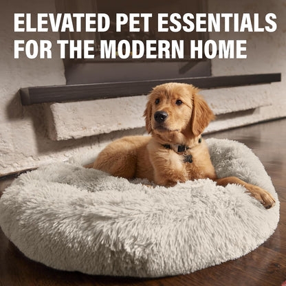 Premium Small Donut Dog Bed, Fits up to 45 Lbs, Removable Cover & Washable Cushion, Plush Long Pile Faux Fur Fabric, Portable Beige Pet Bed Furniture for Puppies Adult Canines & Cats