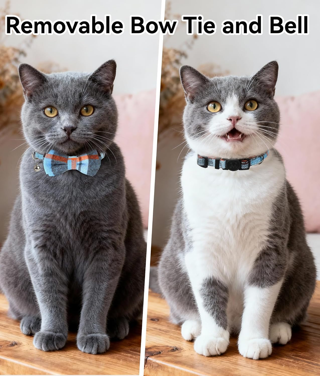 Upgraded Cat Collar with Bells, Breakaway Cat Collars with Bow Tie, 1 Pack Girl Boy Safety Plaid Kitten Collars, Haze Blue