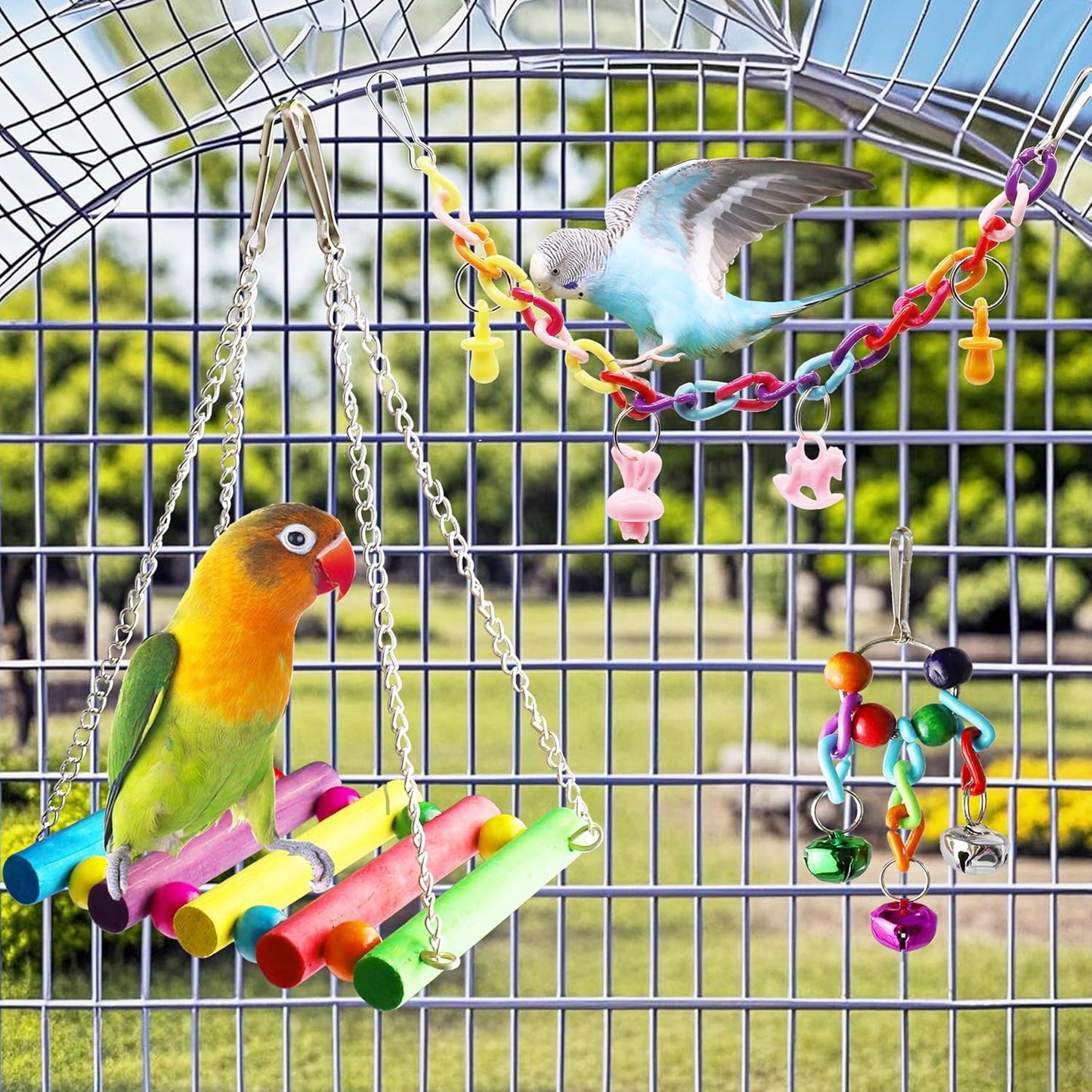 Bird Budgie Parakeets Toys,  Parrot Cage Swing Climbing Ladders Wooden Perch Chewing Toy for Conures, Love Birds, Small Parakeets, Cockatiels